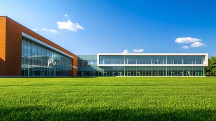 A large building with a green grassy lawn in front of it
