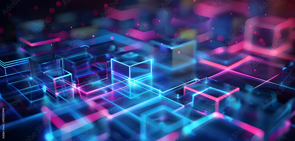 Aufkleber abstract background with neon glowing digital blocks forming an illuminated maze, symbolizing the co