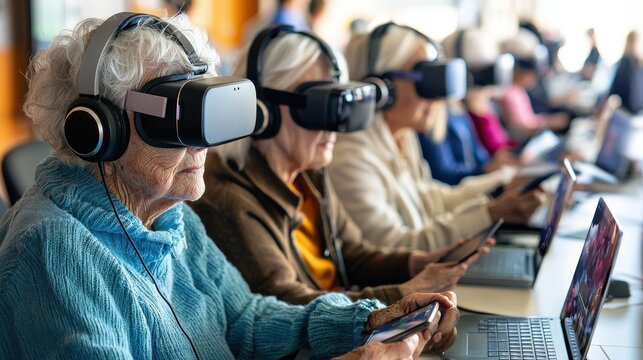 A group of elderly individuals attentively following a technology class, each equipped with laptops, smartphones, tablets, and VR headsets, all engaged in learning new digital skills in a modern 