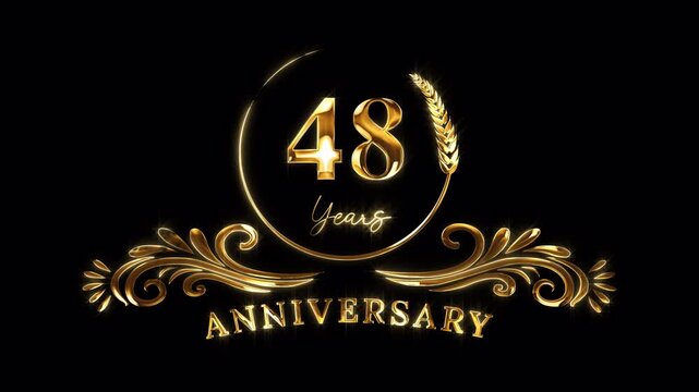 48th Anniversary Celebration. Happy 48 Years Anniversary Animation in Gold Color on the Transparent Background, Alpha Channel. Great for greetings, celebrations, events, and gifts.