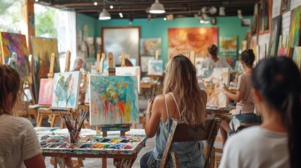 An art class with adults of different ages, painting on canvases, their faces showing concentration and creativity, with easels and art supplies filling the vibrant studio space 