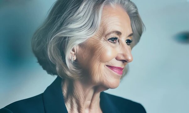 Medium shot portrait video of a Swedish woman in her 50s wearing a classic blazer against an abstract background