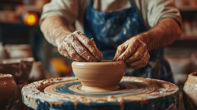 Middle-aged adults participating in a pottery class, shaping clay on spinning wheels, their hands messy with clay, and their expressions reflecting focus and enjoyment 