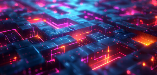 Obraz premium Abstract background with neon glowing digital blocks forming an illuminated maze, symbolizing the complexity of data and technology in business or science.