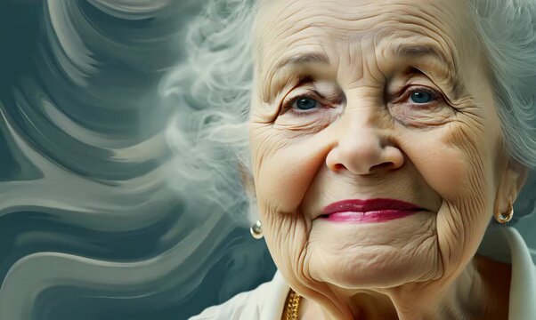 Medium shot portrait video of a 100-year-old elderly Swedish woman against an abstract background
