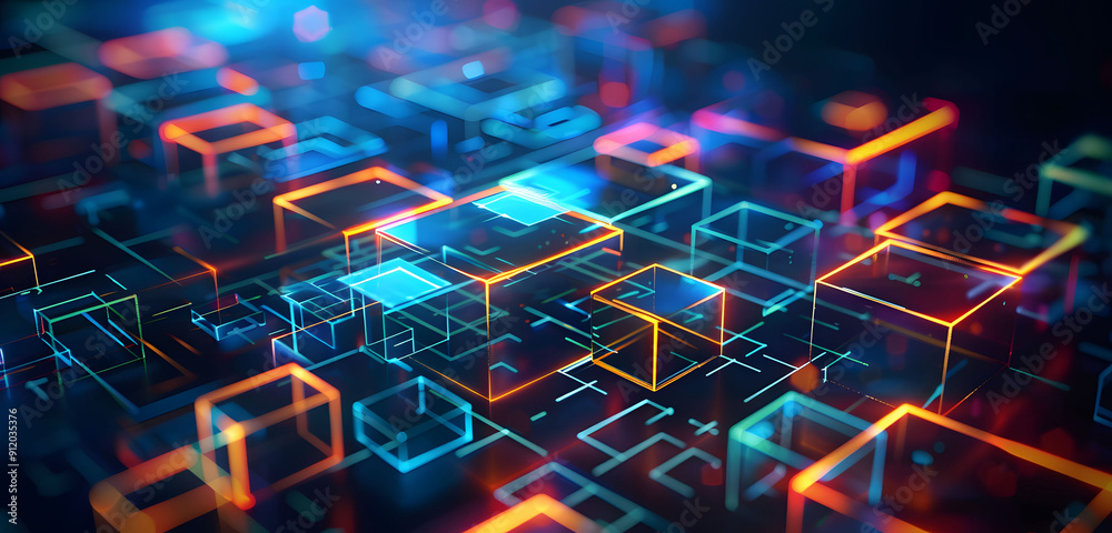 Wall mural abstract background with neon glowing digital blocks forming an illuminated maze, symbolizing the co