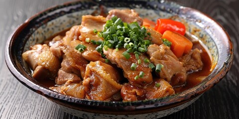 Fototapeta premium Local specialty cuisine from Marugame City Kagawa Prefecture Japan Traditional bone in chicken dish featuring meat from mature poultry