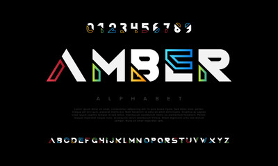 Amber creative modern geometric urban alphabet font. Digital abstract futuristic, game, techno, robot, music, logo, sport, minimal technology typography. Simple numeric vector illustration