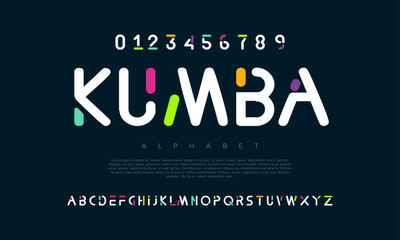 Obraz premium Kumba creative modern geometric urban alphabet font. Digital abstract futuristic, game, techno, robot, music, logo, sport, minimal technology typography. Simple numeric vector illustration