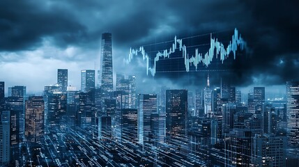 A city skyline with dark clouds and a holographic stock market crash in the background