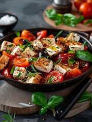 A high-protein-focused vegan dish with feta cheese, presented rustically and bursting with Mediterranean flavors.