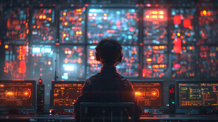 overview an engineer's shoulder. On the monitor are multiple screens of dev code, team share online collaboration.generative ai