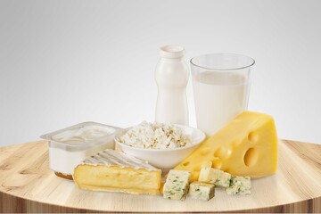 A fresh tasty dairy products milk and cheese