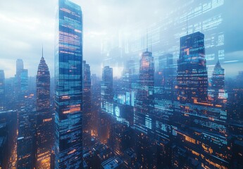 A futuristic cityscape featuring sleek skyscrapers with transparent data overlays and digital displays, creating a high tech, minimalistic aesthetic