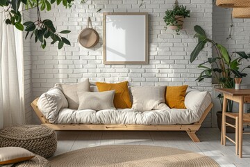 Scandinavian style living room with wooden sofa, white brick wall, minimalistic art frame, pastel yellow accents, light beige carpet, and dining table with natural lighting.