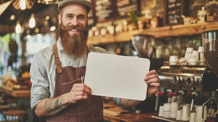 Fototapeta premium Smiling barista holding a blank sign in a cozy coffee shop, ready for custom message or menu, warm welcoming atmosphere.