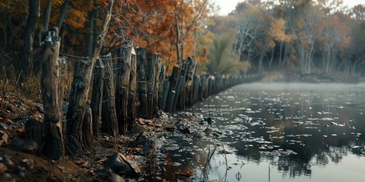 An innovative barrier designed to mitigate landslides on the pond s shoreline constructed from weathered oak logs driven vertically into the shore close to the water s edge
