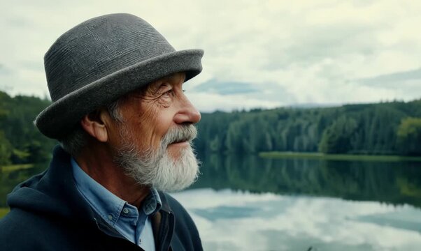 Handsome senior man with gray beard and gray hat standing in front of the lake