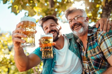 father and adult son toasting with glasses of beer, emotional scene, hugging, summer, photography