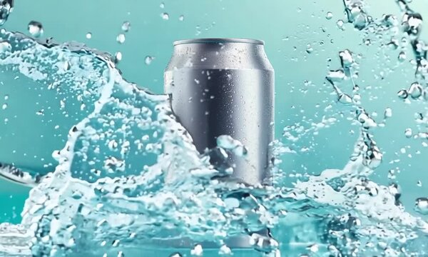 A shiny aluminum can with water droplets surrounded by splashing water, set against a blue background, creating a refreshing and invigorating scene