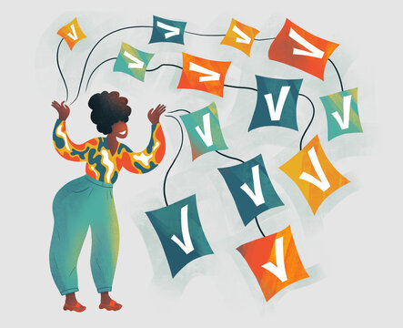 Woman Holding Colorful Checkmarks