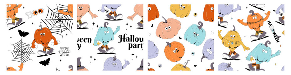 Colorful seamless pattern on Happy Halloween theme. Retro groovy character pumpkins with creepy and skary face. Contemporary vector set on white background.