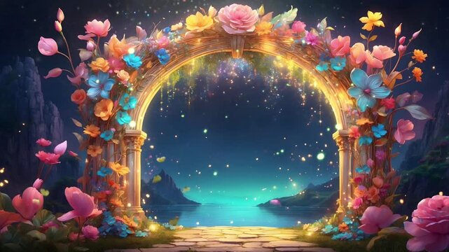A magical gateway to a fairytale portal. Full of fireflies and butterflies. Seamless 4K looping timelapse video animation generated AI