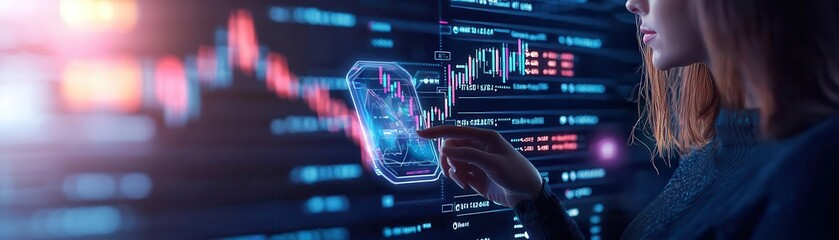 Fototapeta premium A focused professional analyzing digital data trends on a futuristic touchscreen display, showcasing advanced technology in finance.