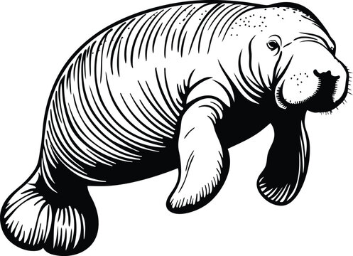 black and white manatee swimming clip art preview