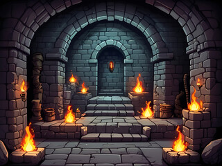Fototapeta premium Illustration of a pixel art dungeon background with stone walls, torches, and mysterious passages, Asset for dungeon crawler or fantasy RPG games. 