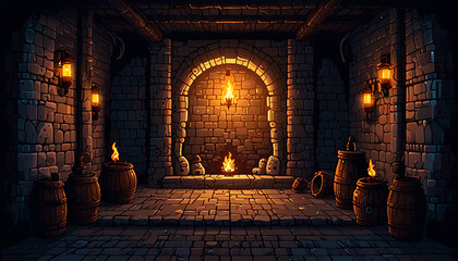 Illustration of a pixel art dungeon background with stone walls, torches, and mysterious passages, Asset for dungeon crawler or fantasy RPG games.
