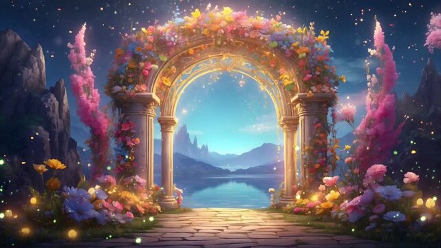 A magical gateway to a fairytale portal. Full of fireflies and butterflies. Seamless 4K looping timelapse video animation generated AI