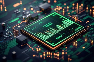 Obraz premium Close-up of a circuit board displaying vibrant data metrics on a glowing graphic interface.