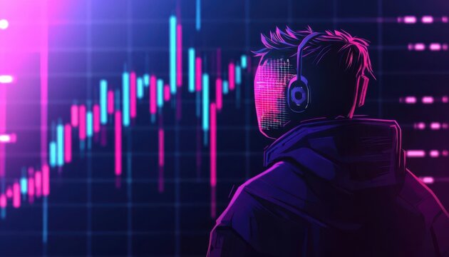 A futuristic scene showcasing a person analyzing data trends with headphones, immersed in vibrant digital colors and graphics.