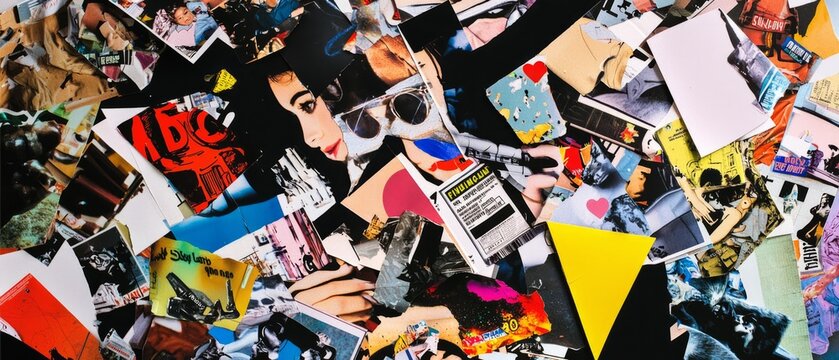 Overlay of pop culture magazine clippings, on black background, Generative AI