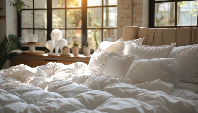Showcase the comforting ambiance of a cozy bed adorned with plush pillows