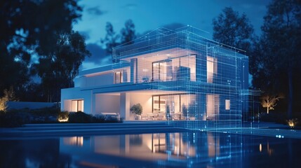 Obraz premium Modern House with Blue Wireframe Overlay and Pool at Night