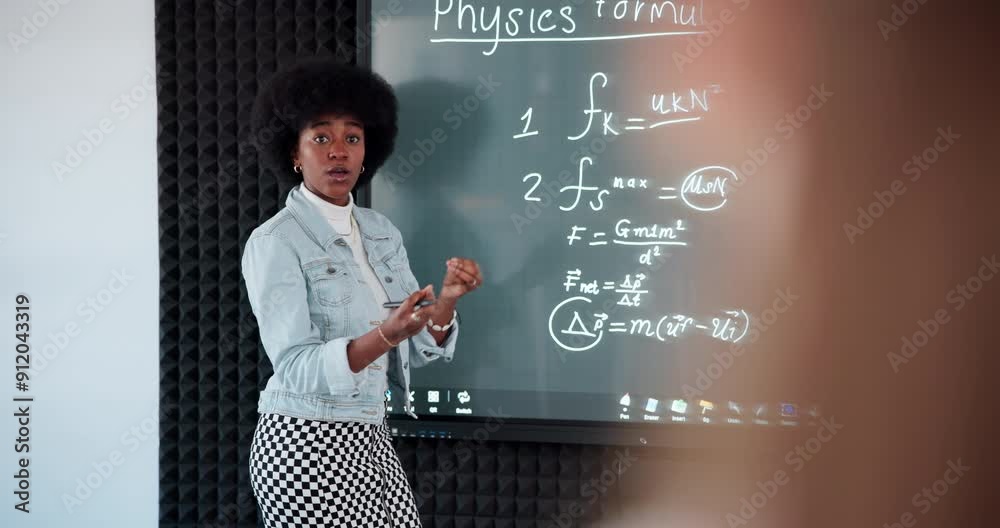 Poster Teaching, black woman and writing on smart board for physics or interactive math lecture. Student, learning or equation in college for lesson, problem solving or solution for science formula on tech