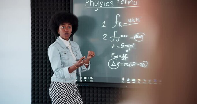 Teaching, black woman and writing on smart board for physics or interactive math lecture. Student, learning or equation in college for lesson, problem solving or solution for science formula on tech