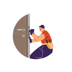 Professional locksmith worker repairing a door lock using special tools, repairman fixing, vector maintenance service