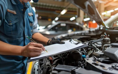 Obraz premium Mechanic checking engine at car service shop, estimating repair, auto check, detailed, professional setting, clipboard, realistic image