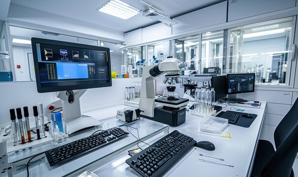 laboratory, monitor, microscope, genetic engineer working with analysis dna software on laptop in the genetic laboratory. RScience, research concept - Powered by Adobe