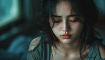 Alone Asian young woman, sad expression, unhappy, feeling exhausted, detailed, realistic, thinking about difficulty, emotional scene