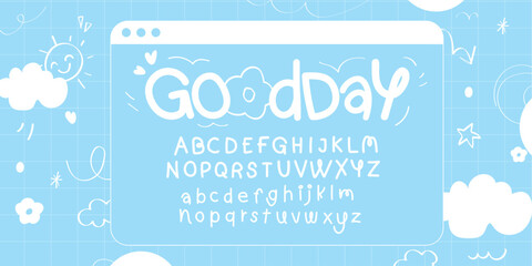 Cute hand drawn letters vector set. Doodle style alphabet with cloud, sun, arrow, star. Cartoon font for events, promotion, logo, banner, monogram, poster, sticker, print.