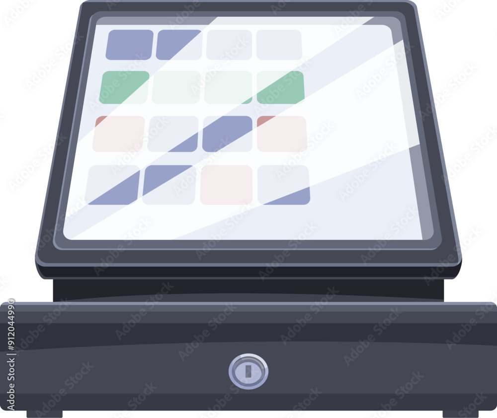 Poster modern pos terminal with touch screen showing interface for accepting payments standing on white bac