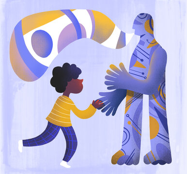 Concept of connection between kid and artificial intelligence.