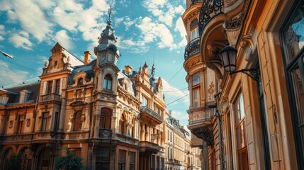 Obraz premium Dusk falls in an alley of a big city with old facades