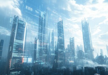 A high tech urban environment with streamlined skyscrapers, transparent data overlays, and digital displays creating a futuristic and clean design