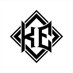 KE Letter logo with abstract shield shape with square black outline on white background design