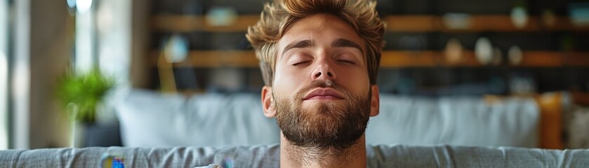 Obraz premium Employee using relaxation techniques, work-life balance, relaxation habit